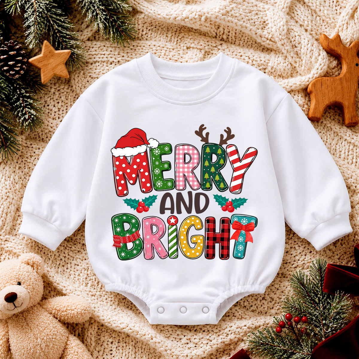 Merry and Bright Baby Romper, Colorful Retro Christmas Outfit, Cute Holiday Romper, Toddler Xmas Gift, Festive Baby Outfit — product view 4
