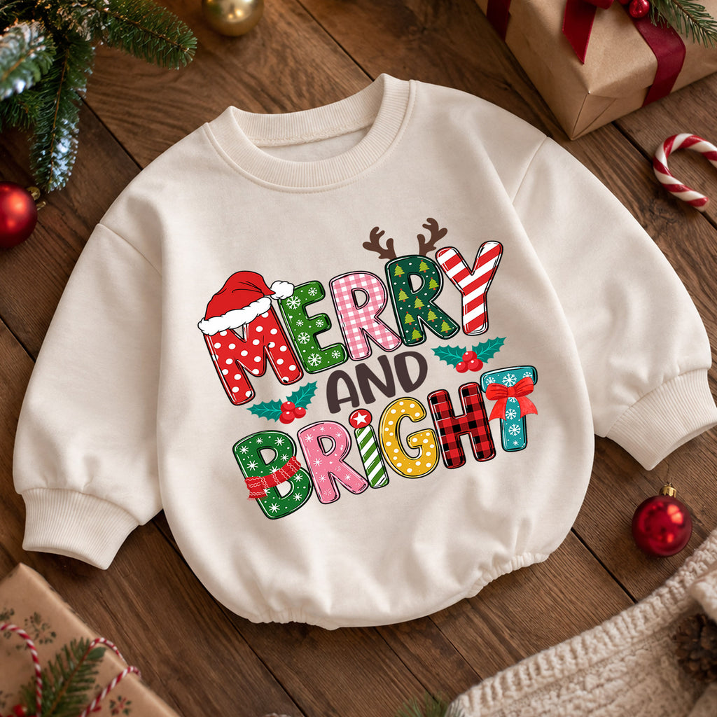 Merry and Bright Baby Romper, Colorful Retro Christmas Outfit, Cute Holiday Romper, Toddler Xmas Gift, Festive Baby Outfit — product view 5