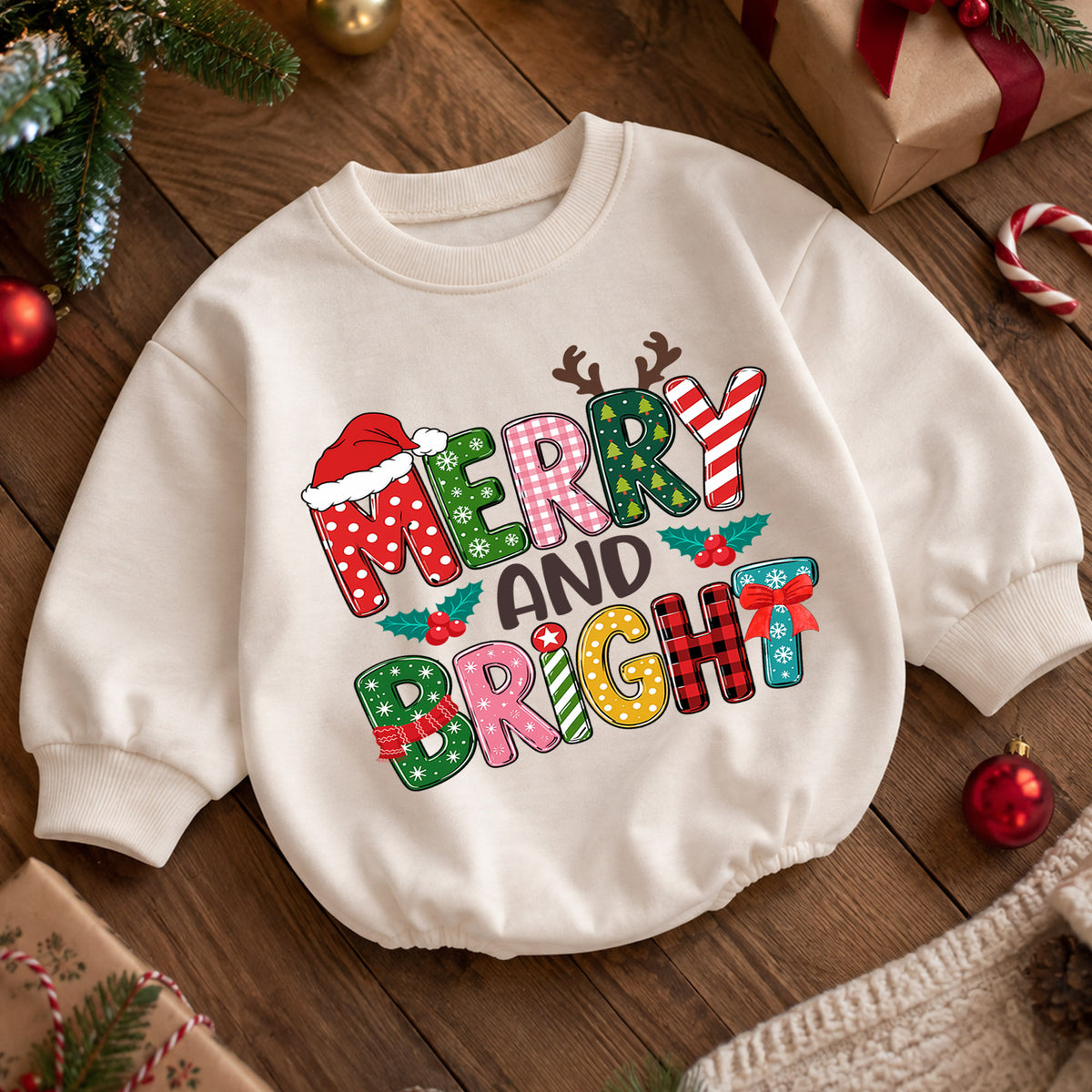 Merry and Bright Baby Romper, Colorful Retro Christmas Outfit, Cute Holiday Romper, Toddler Xmas Gift, Festive Baby Outfit — product view 5