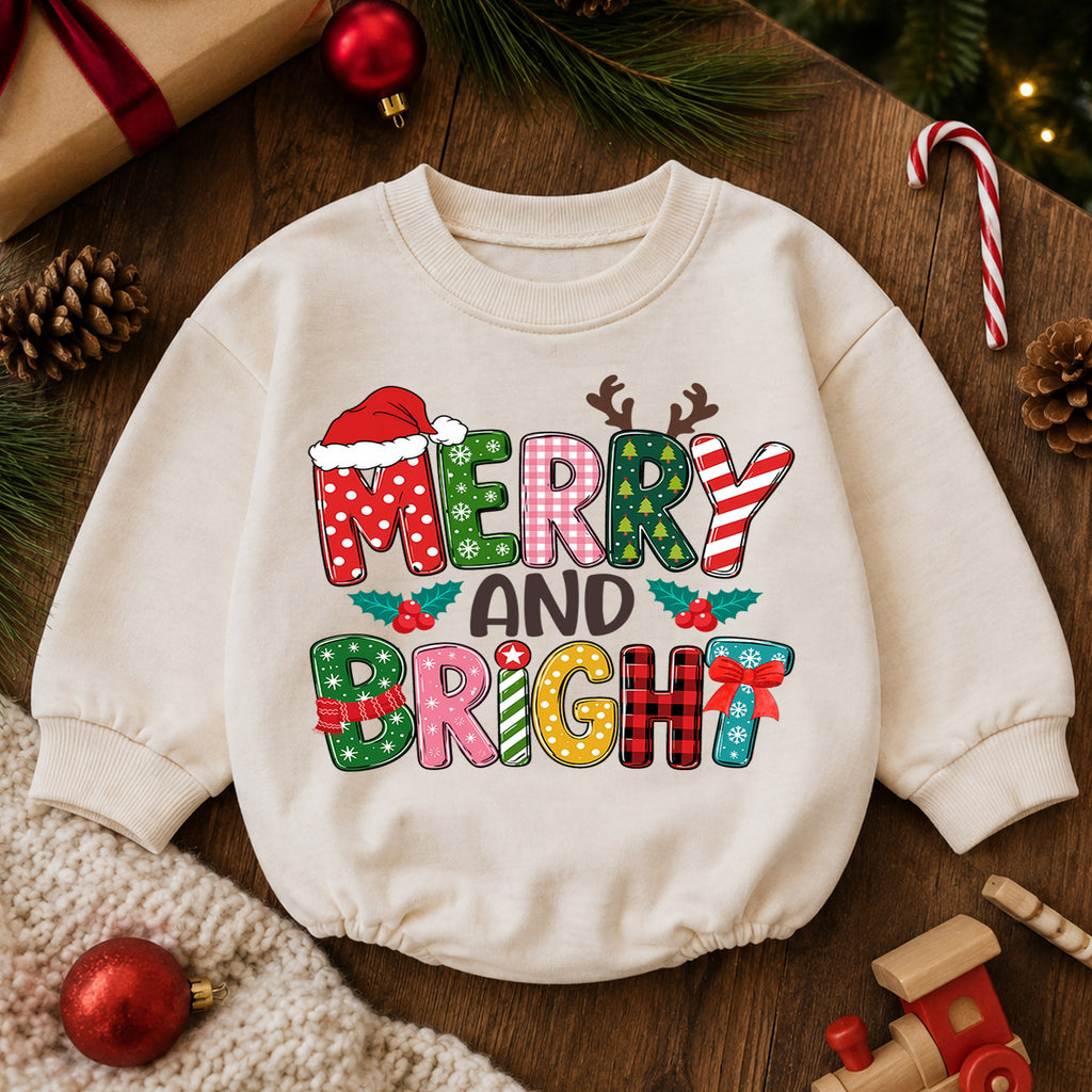 Merry and Bright Baby Romper, Colorful Retro Christmas Outfit, Cute Holiday Romper, Toddler Xmas Gift, Festive Baby Outfit — product view 6