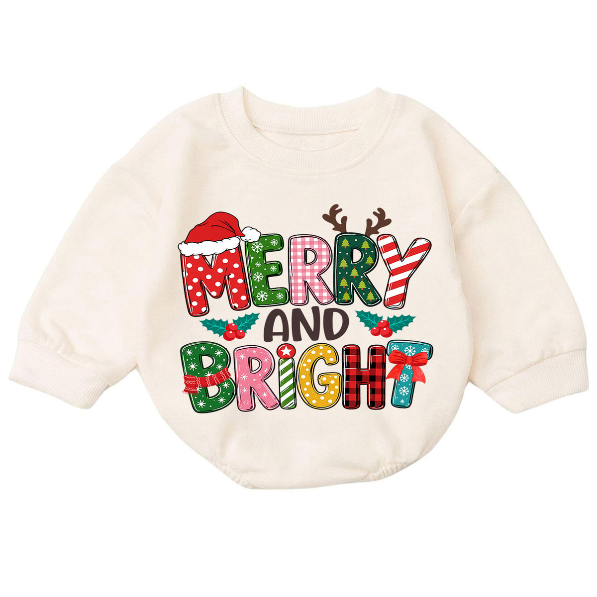 Merry and Bright Baby Romper, Colorful Retro Christmas Outfit, Cute Holiday Romper, Toddler Xmas Gift, Festive Baby Outfit — product view 7