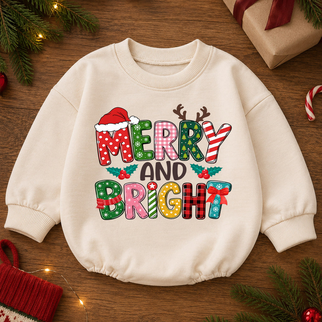 Merry and Bright Christmas Romper, Colorful Retro Baby Holiday Outfit, 1st Christmas Keepsake, 1st Birthday Xmas Gift for Little Baby — product view 2