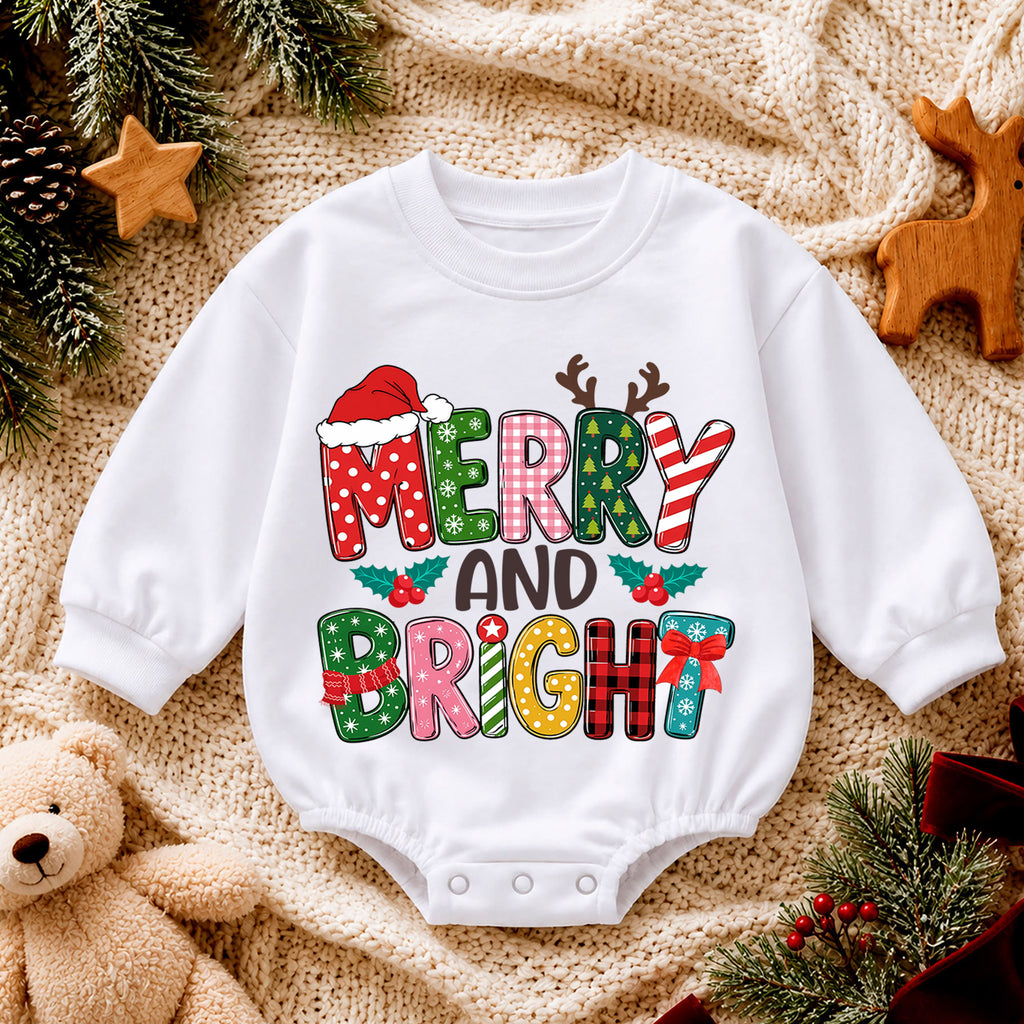 Merry and Bright Christmas Romper, Colorful Retro Baby Holiday Outfit, 1st Christmas Keepsake, 1st Birthday Xmas Gift for Little Baby — product view 4