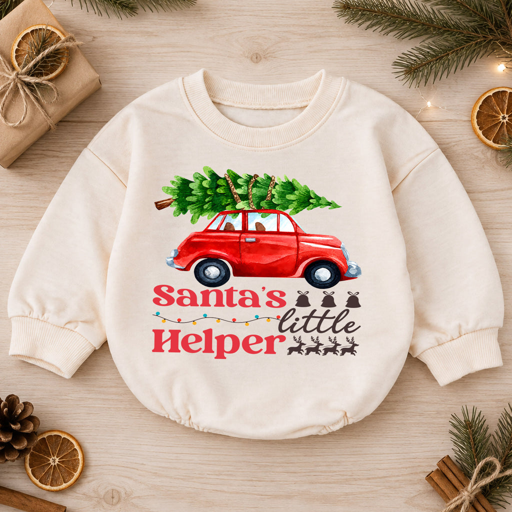 Santa's Little Helper Baby Romper, Red Car Christmas Outfit, Baby 1st Christmas Keepsake, 1st Birthday Holiday Gift for Little Baby — product view 1