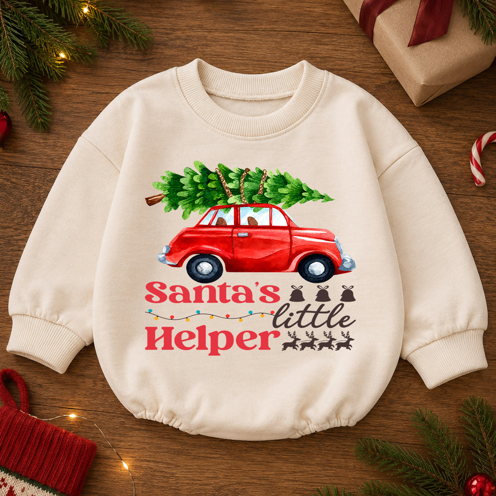 Santa's Little Helper Baby Romper, Red Car Christmas Outfit, Baby 1st Christmas Keepsake, 1st Birthday Holiday Gift for Little Baby — product view 2