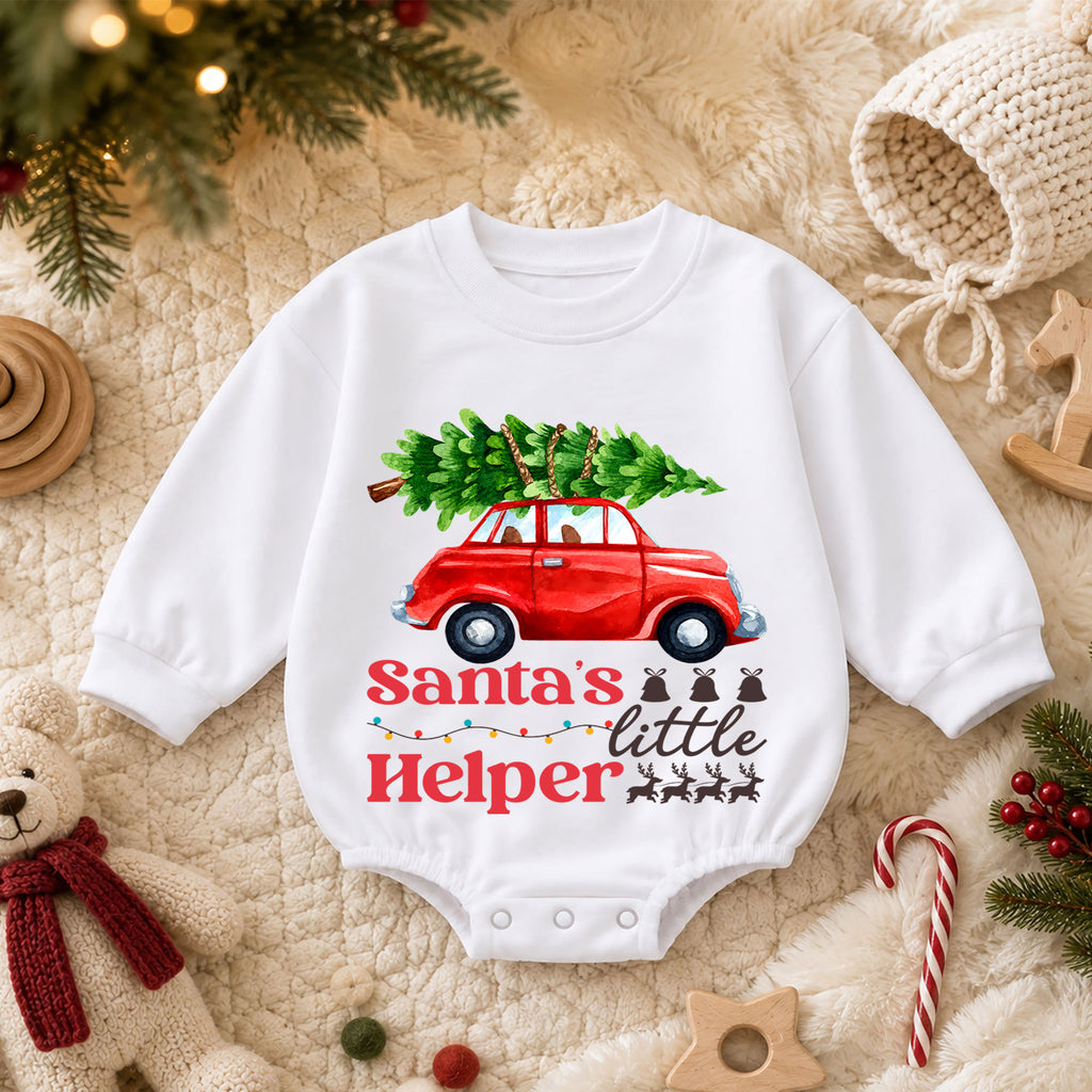 Santa's Little Helper Baby Romper, Red Car Christmas Outfit, Baby 1st Christmas Keepsake, 1st Birthday Holiday Gift for Little Baby — product view 3