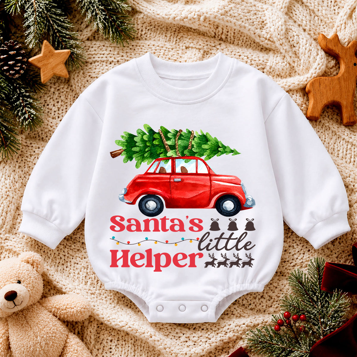 Santa's Little Helper Baby Romper, Red Car Christmas Outfit, Baby 1st Christmas Keepsake, 1st Birthday Holiday Gift for Little Baby — product view 4