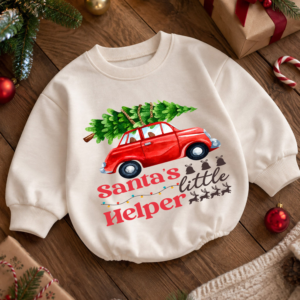 Santa's Little Helper Baby Romper, Red Car Christmas Outfit, Baby 1st Christmas Keepsake, 1st Birthday Holiday Gift for Little Baby — product view 5