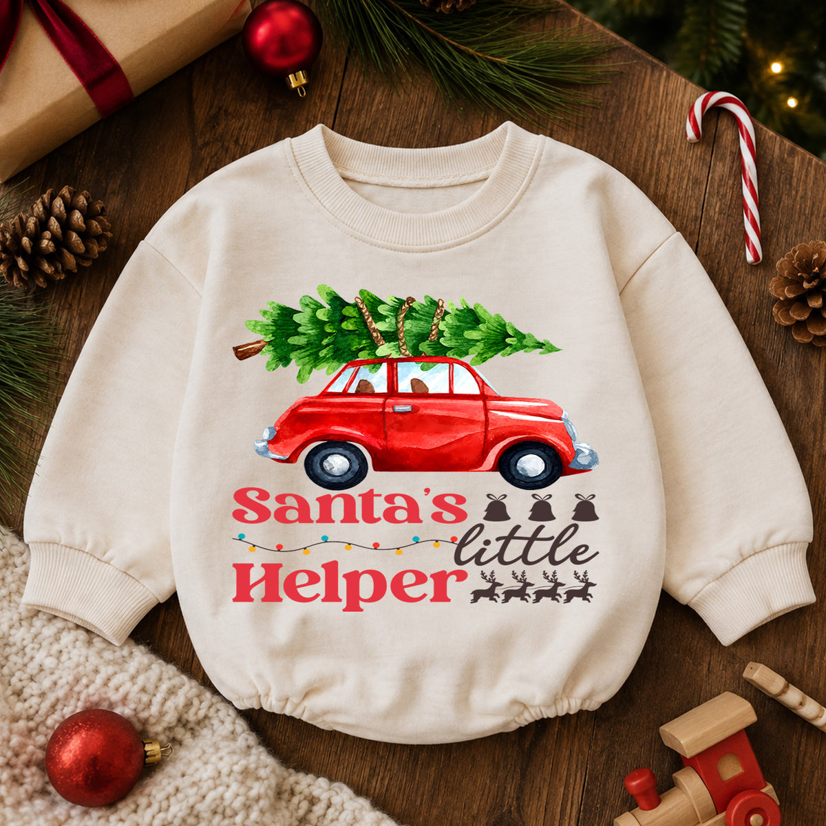 Santa's Little Helper Baby Romper, Red Car Christmas Outfit, Baby 1st Christmas Keepsake, 1st Birthday Holiday Gift for Little Baby — product view 6