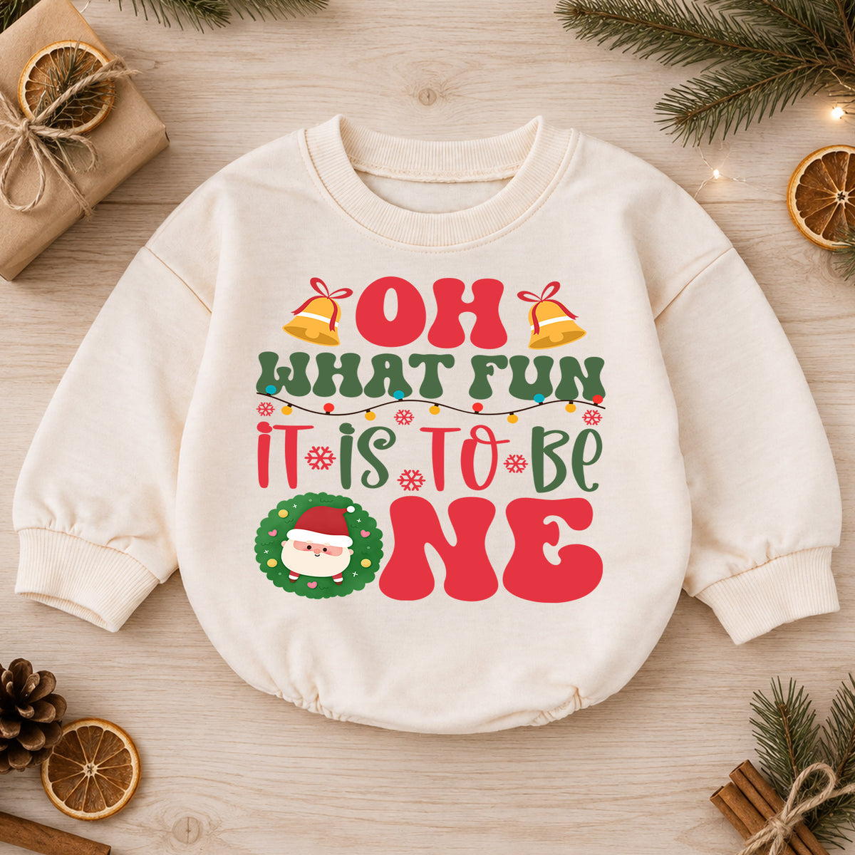 Oh What Fun It Is To Be One Romper, Christmas 1st Birthday Outfit, Baby 1st Christmas Romper, Turning One Holiday Photo Keepsake — product view 1