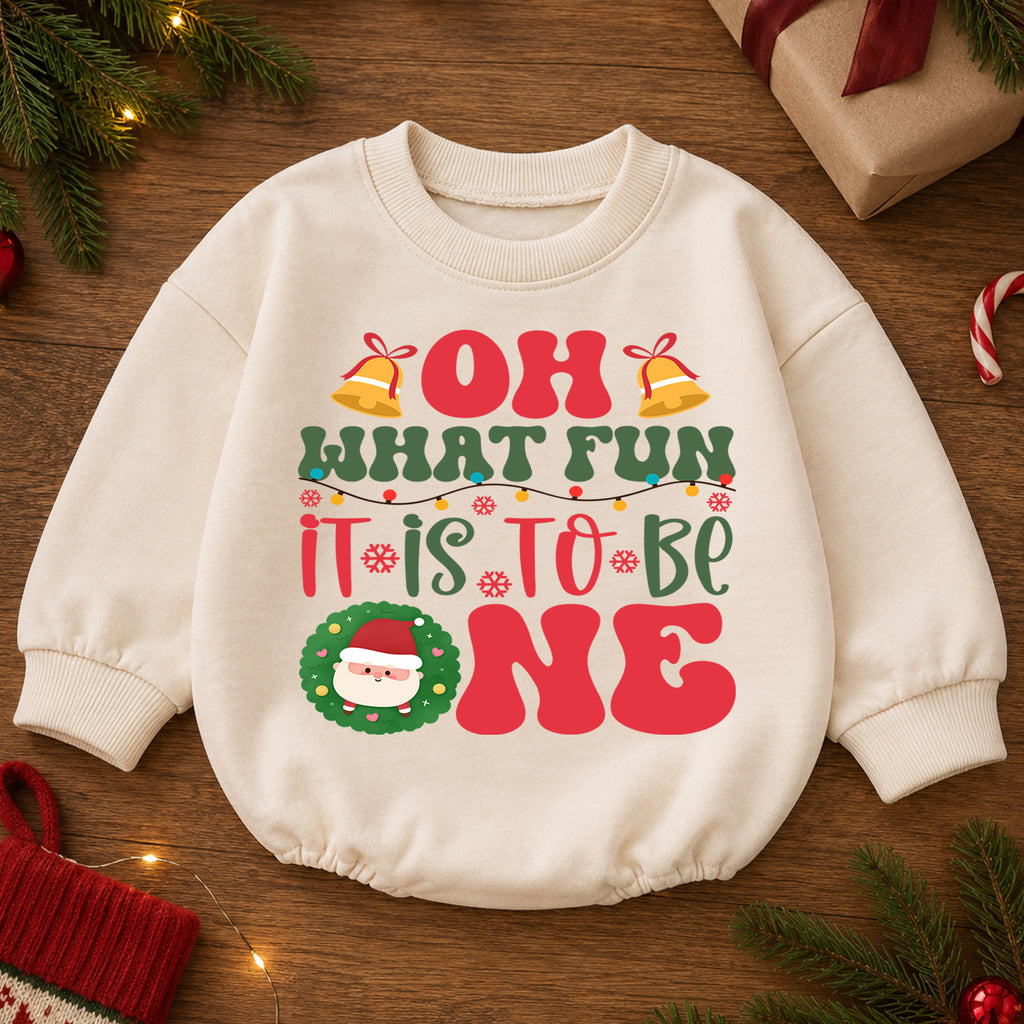 Oh What Fun It Is To Be One Romper, Christmas 1st Birthday Outfit, Baby 1st Christmas Romper, Turning One Holiday Photo Keepsake — product view 2