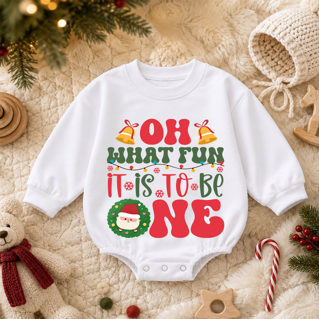 Oh What Fun It Is To Be One Romper, Christmas 1st Birthday Outfit, Baby 1st Christmas Romper, Turning One Holiday Photo Keepsake — product view 3