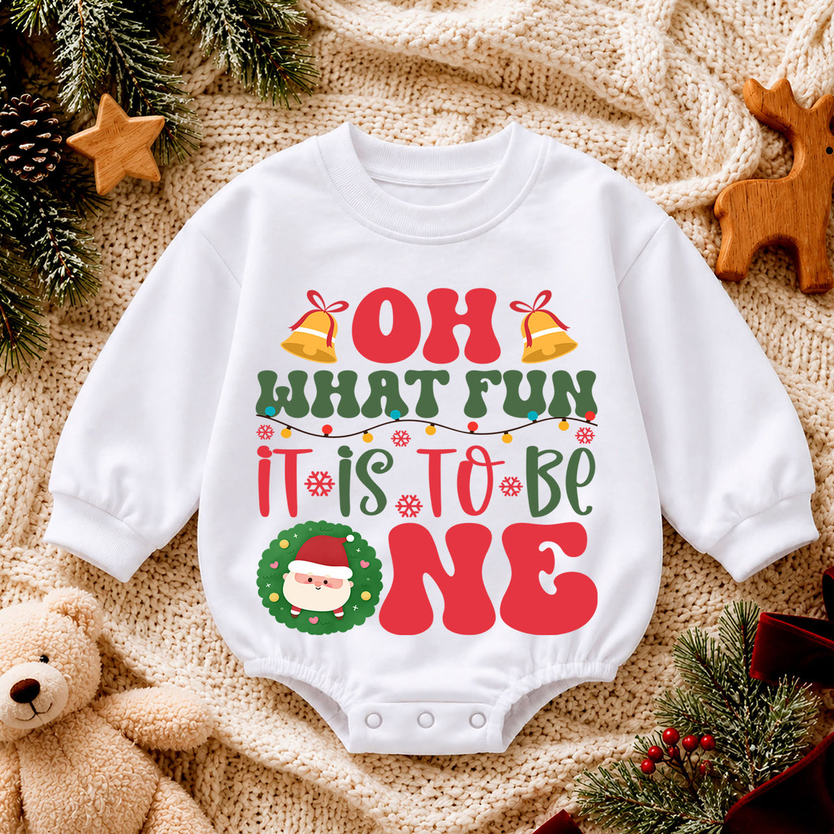 Oh What Fun It Is To Be One Romper, Christmas 1st Birthday Outfit, Baby 1st Christmas Romper, Turning One Holiday Photo Keepsake — product view 4