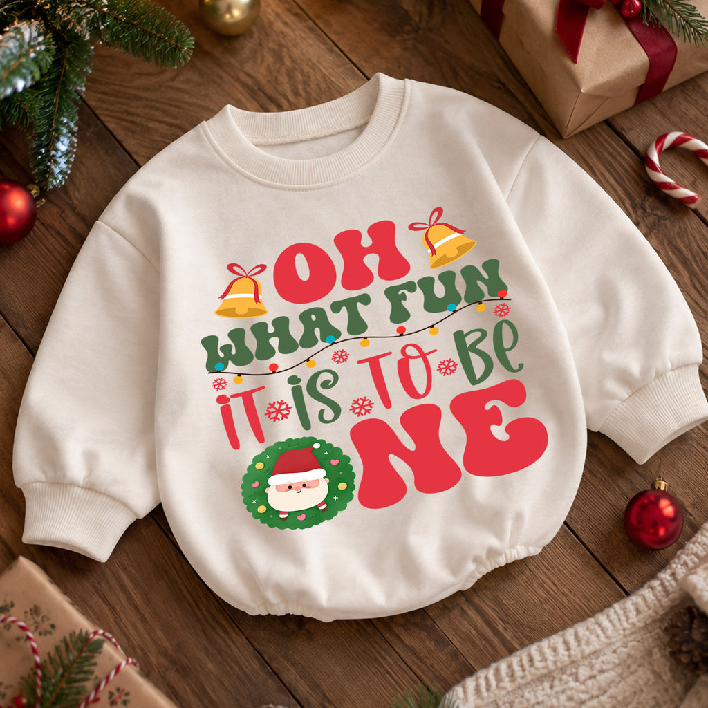 Oh What Fun It Is To Be One Romper, Christmas 1st Birthday Outfit, Baby 1st Christmas Romper, Turning One Holiday Photo Keepsake — product view 5
