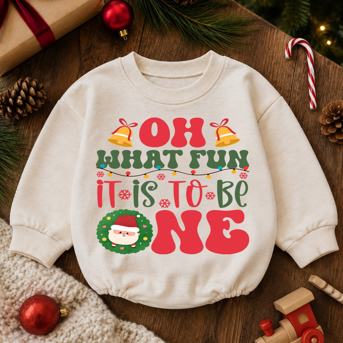 Oh What Fun It Is To Be One Romper, Christmas 1st Birthday Outfit, Baby 1st Christmas Romper, Turning One Holiday Photo Keepsake — product view 6