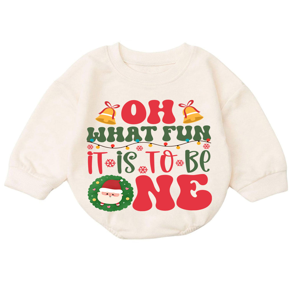 Oh What Fun It Is To Be One Romper, Christmas 1st Birthday Outfit, Baby 1st Christmas Romper, Turning One Holiday Photo Keepsake — product view 7