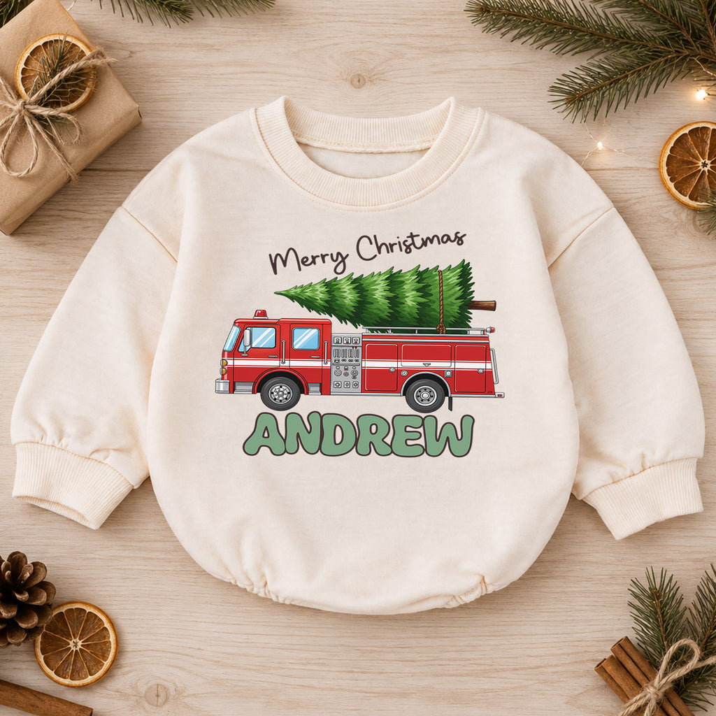 Personalized Fire Truck Christmas Baby Romper, Custom Name Holiday Outfit, 1st Christmas Gift for Baby Boys, Toddler Xmas Keepsake — product view 1