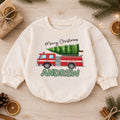 Personalized Fire Truck Christmas Baby Romper, Custom Name Holiday Outfit, 1st Christmas Gift for Baby Boys, Toddler Xmas Keepsake — product view 1
