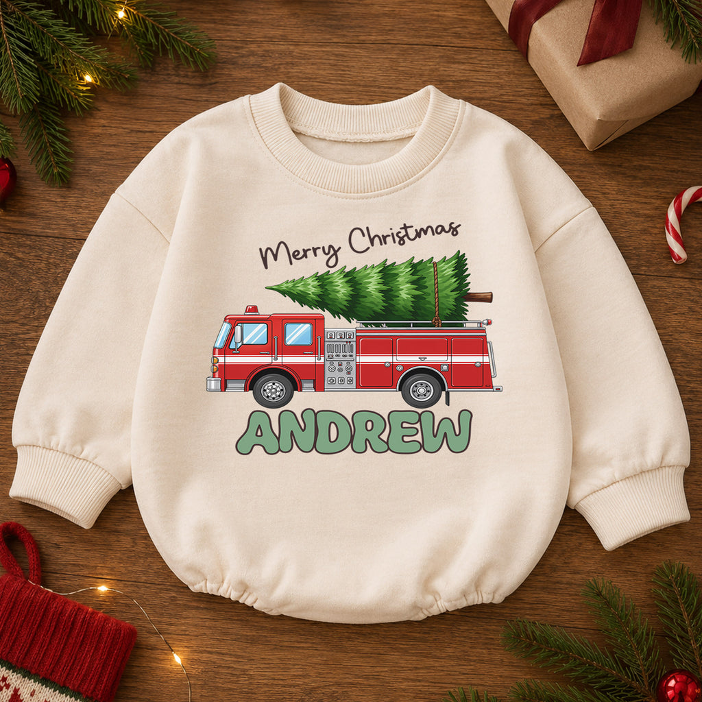 Personalized Fire Truck Christmas Baby Romper, Custom Name Holiday Outfit, 1st Christmas Gift for Baby Boys, Toddler Xmas Keepsake — product view 2