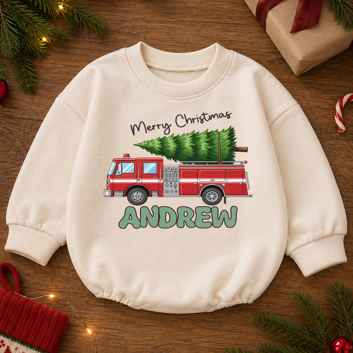 Personalized Fire Truck Christmas Baby Romper, Custom Name Holiday Outfit, 1st Christmas Gift for Baby Boys, Toddler Xmas Keepsake — product view 2