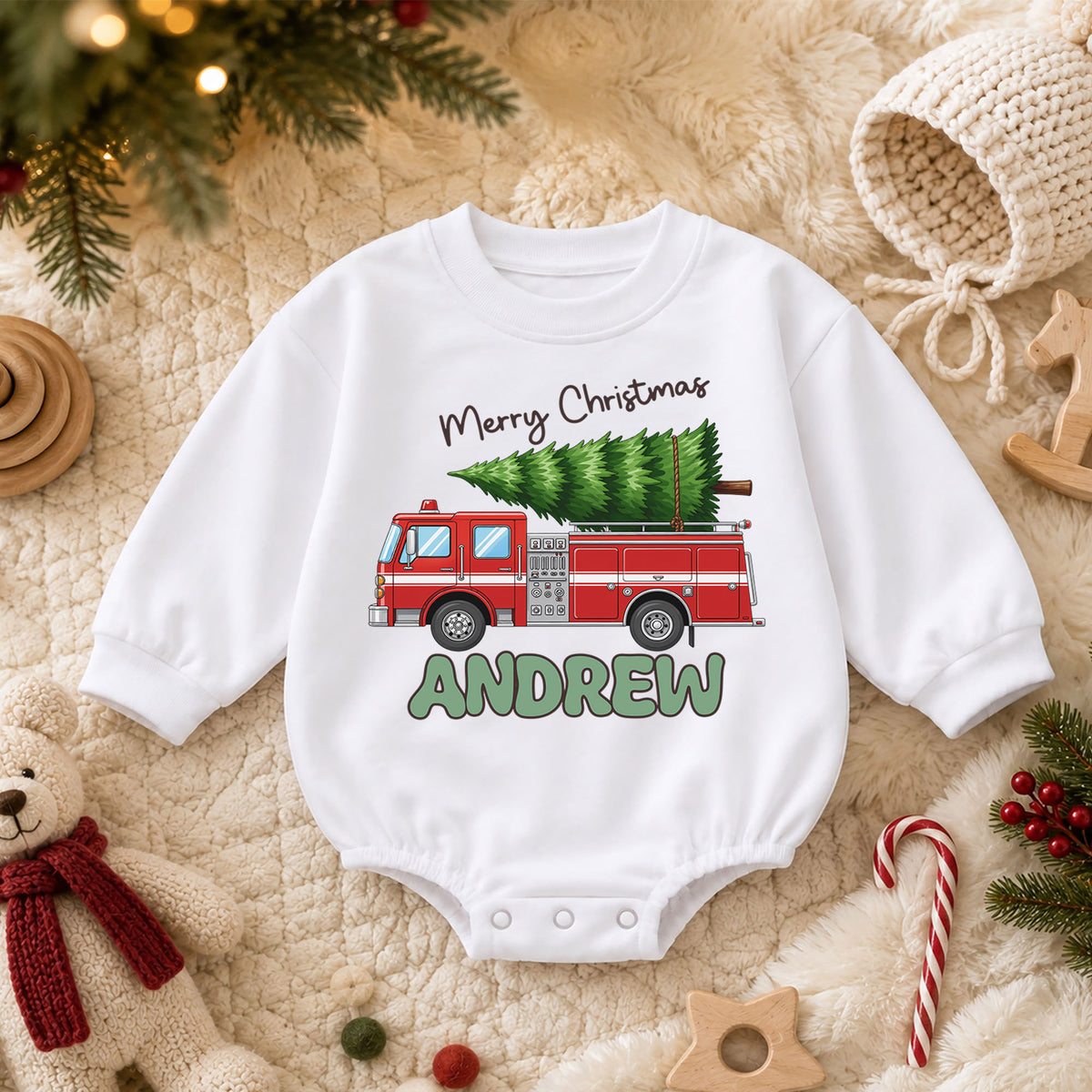Personalized Fire Truck Christmas Baby Romper, Custom Name Holiday Outfit, 1st Christmas Gift for Baby Boys, Toddler Xmas Keepsake — product view 3