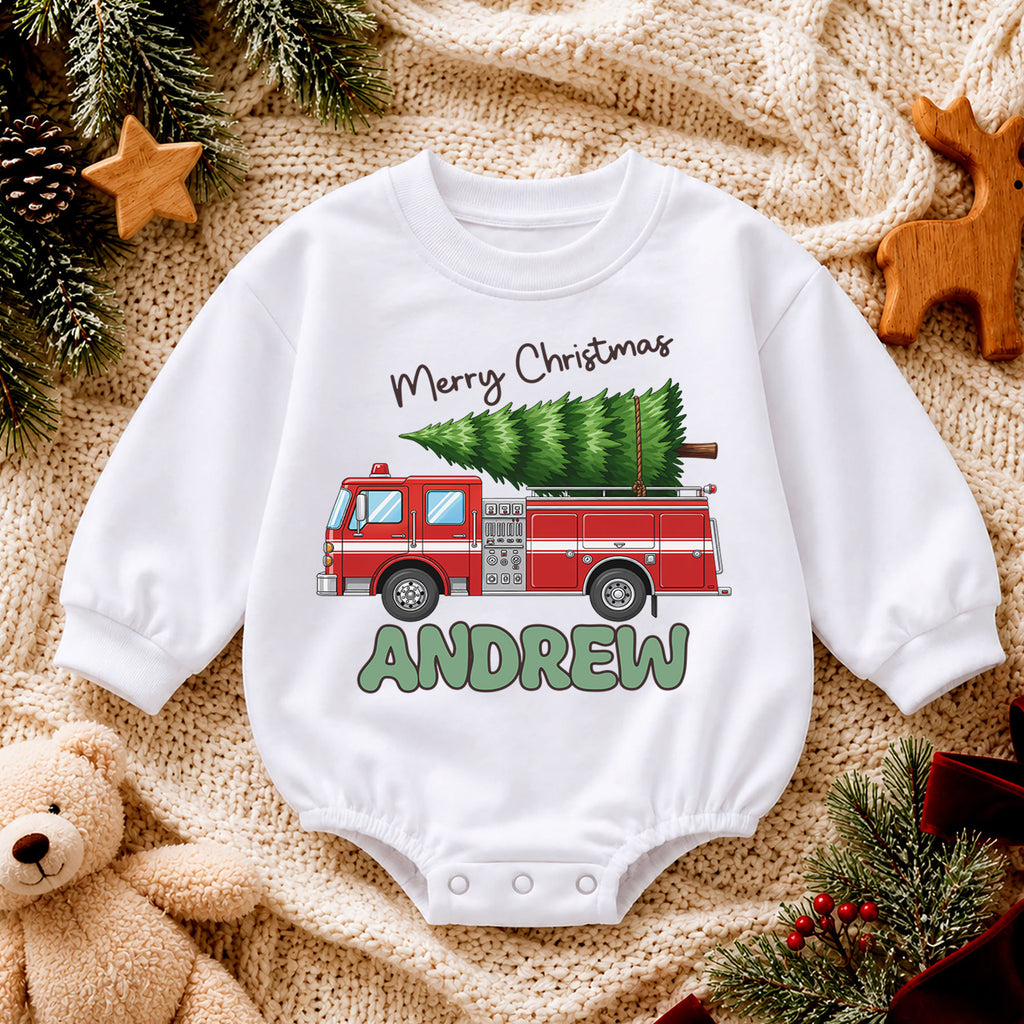 Personalized Fire Truck Christmas Baby Romper, Custom Name Holiday Outfit, 1st Christmas Gift for Baby Boys, Toddler Xmas Keepsake — product view 4