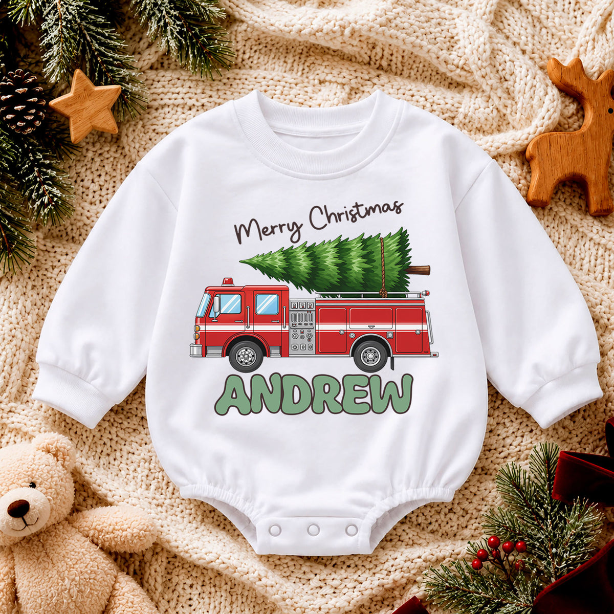 Personalized Fire Truck Christmas Baby Romper, Custom Name Holiday Outfit, 1st Christmas Gift for Baby Boys, Toddler Xmas Keepsake — product view 4