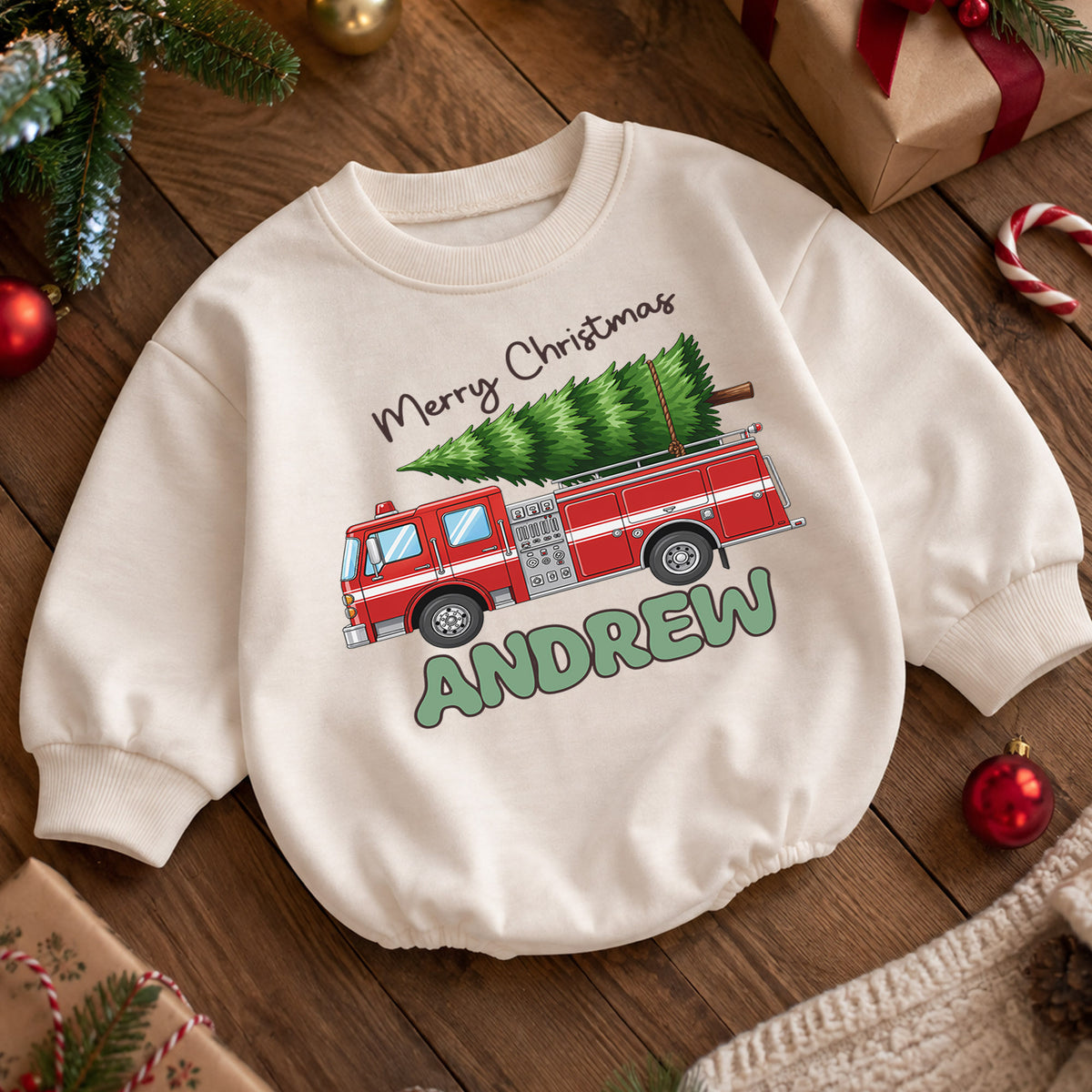 Personalized Fire Truck Christmas Baby Romper, Custom Name Holiday Outfit, 1st Christmas Gift for Baby Boys, Toddler Xmas Keepsake — product view 5