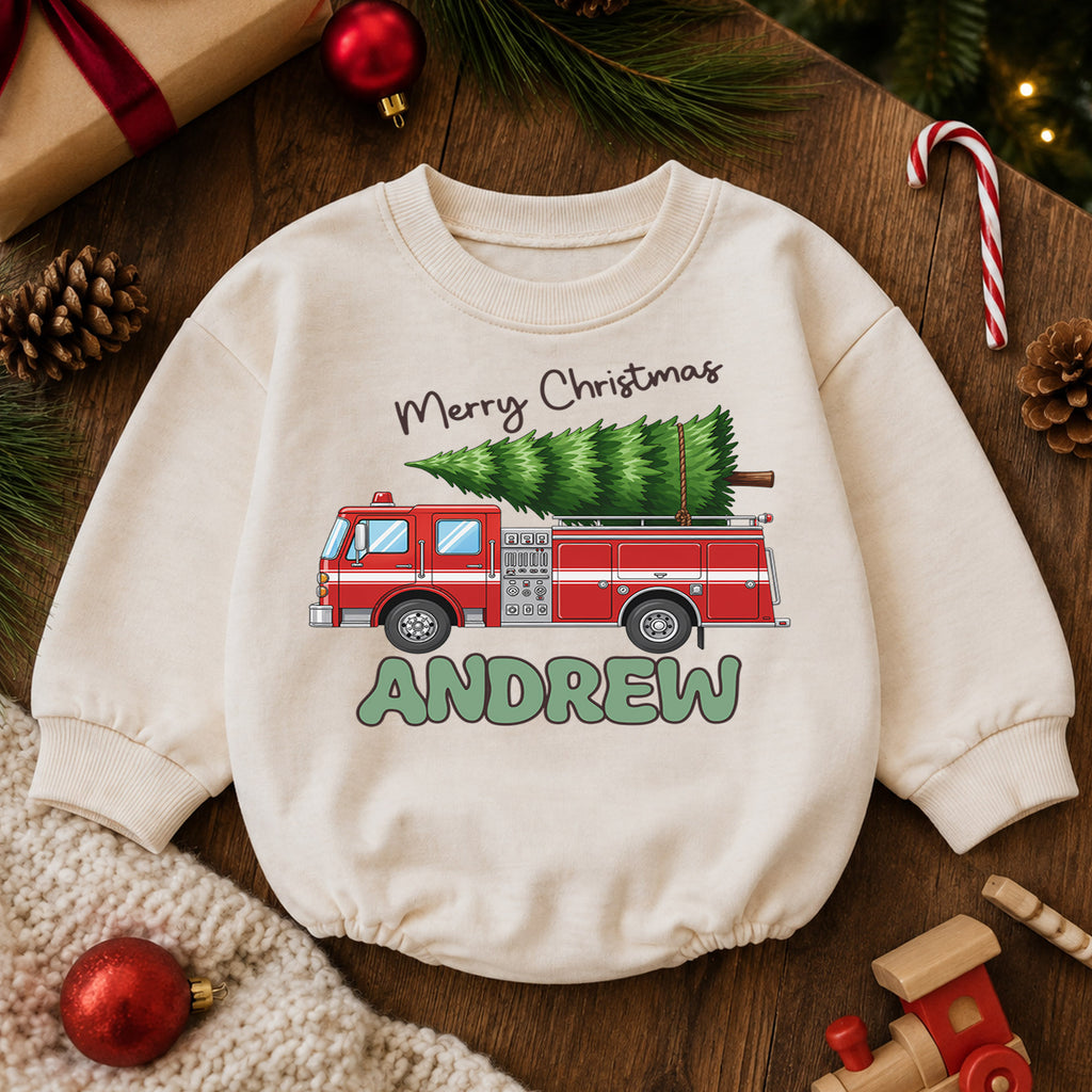 Personalized Fire Truck Christmas Baby Romper, Custom Name Holiday Outfit, 1st Christmas Gift for Baby Boys, Toddler Xmas Keepsake — product view 6