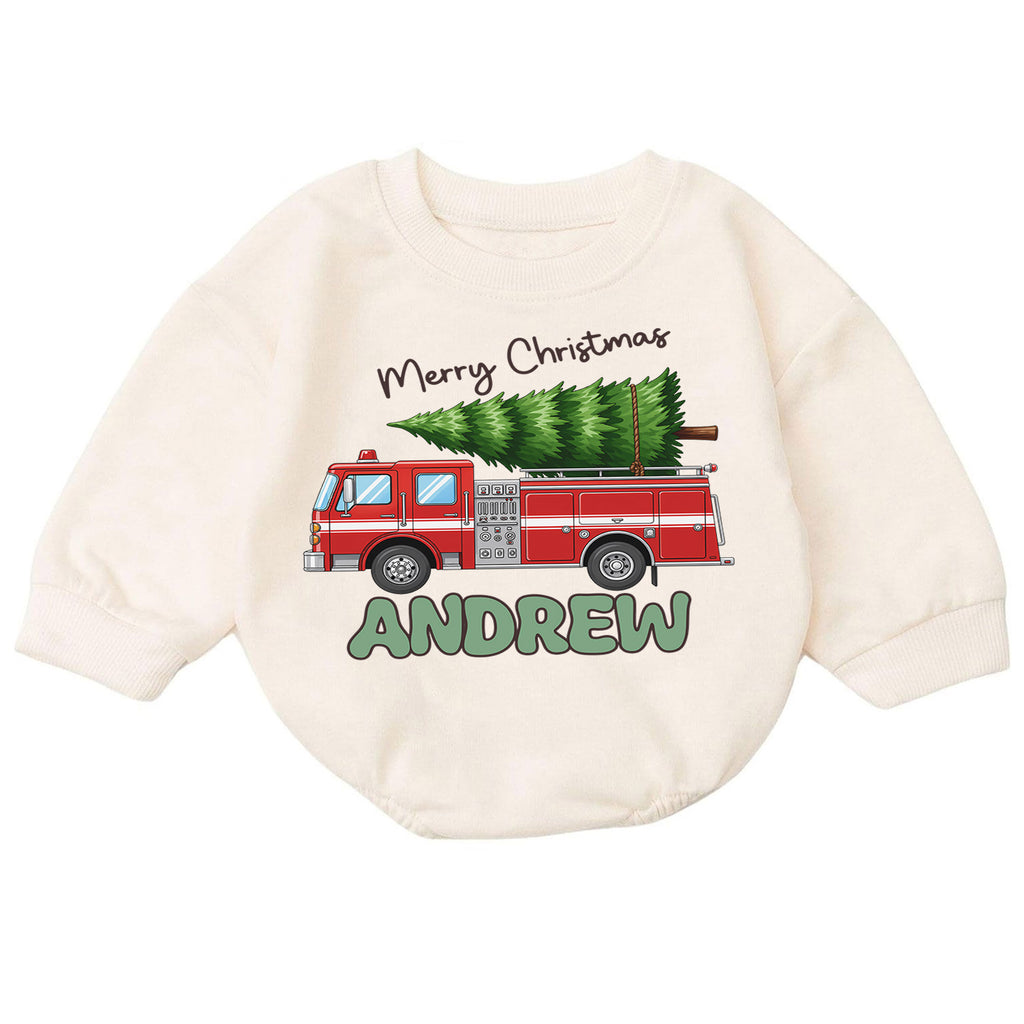 Personalized Fire Truck Christmas Baby Romper, Custom Name Holiday Outfit, 1st Christmas Gift for Baby Boys, Toddler Xmas Keepsake — product view 7