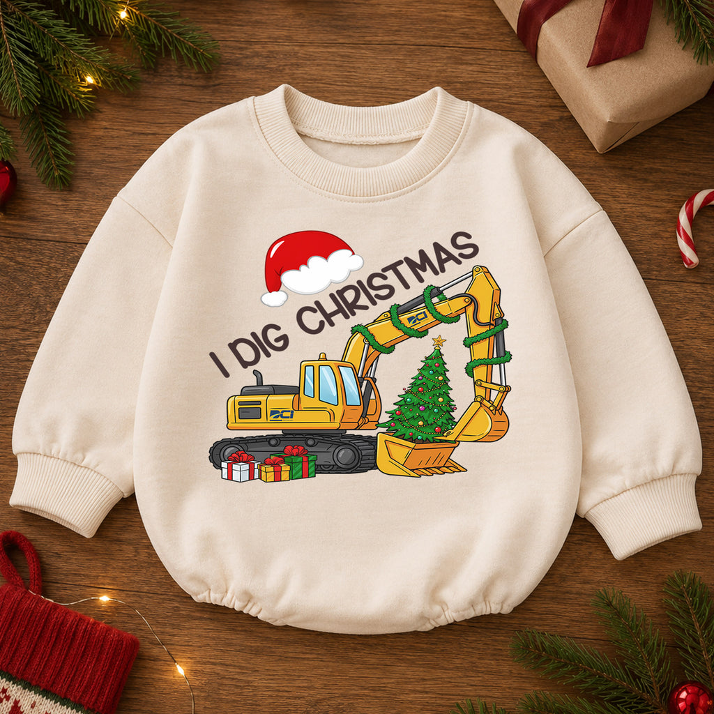 I Dig Christmas Romper, Excavator Christmas Toddler Romper, Construction Baby Holiday Romper, Digger Christmas Outfit Gift — product view 2