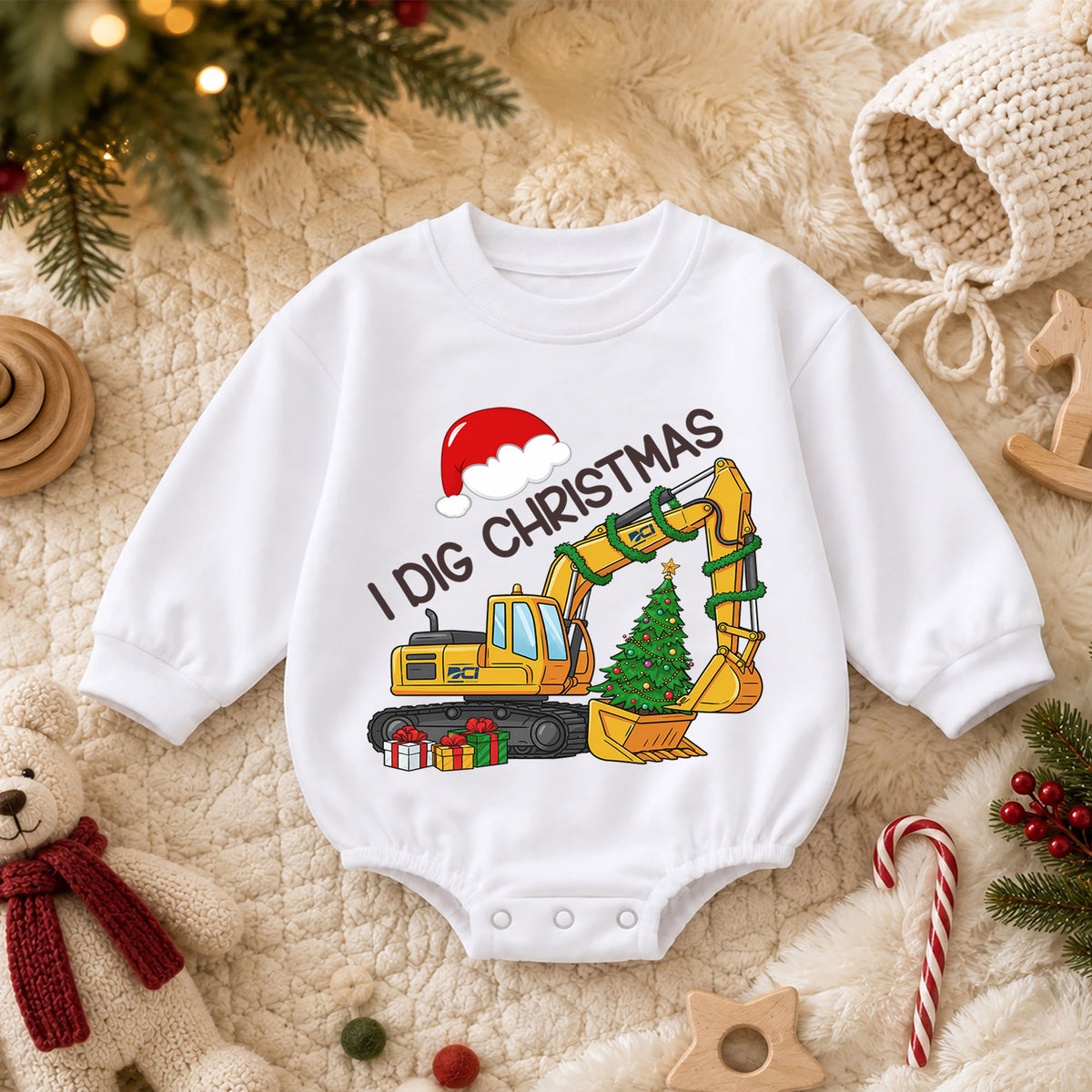 I Dig Christmas Romper, Excavator Christmas Toddler Romper, Construction Baby Holiday Romper, Digger Christmas Outfit Gift — product view 3