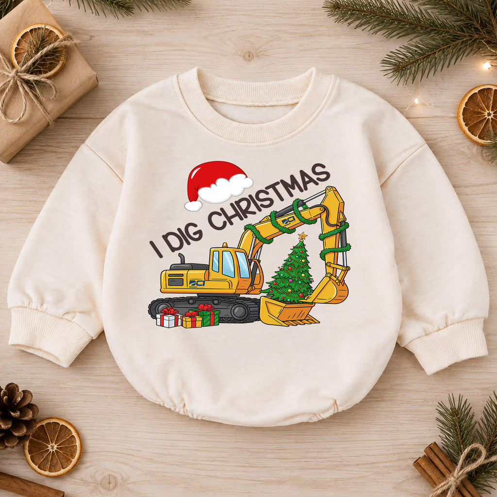 I Dig Christmas Excavator Baby Romper, Construction 1st Christmas Outfit, Truck 1st Birthday Romper, Holiday Gift for Boys — product view 1