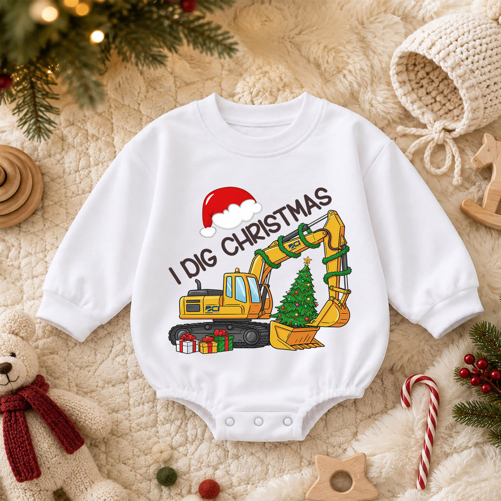 I Dig Christmas Excavator Baby Romper, Construction 1st Christmas Outfit, Truck 1st Birthday Romper, Holiday Gift for Boys — product view 3