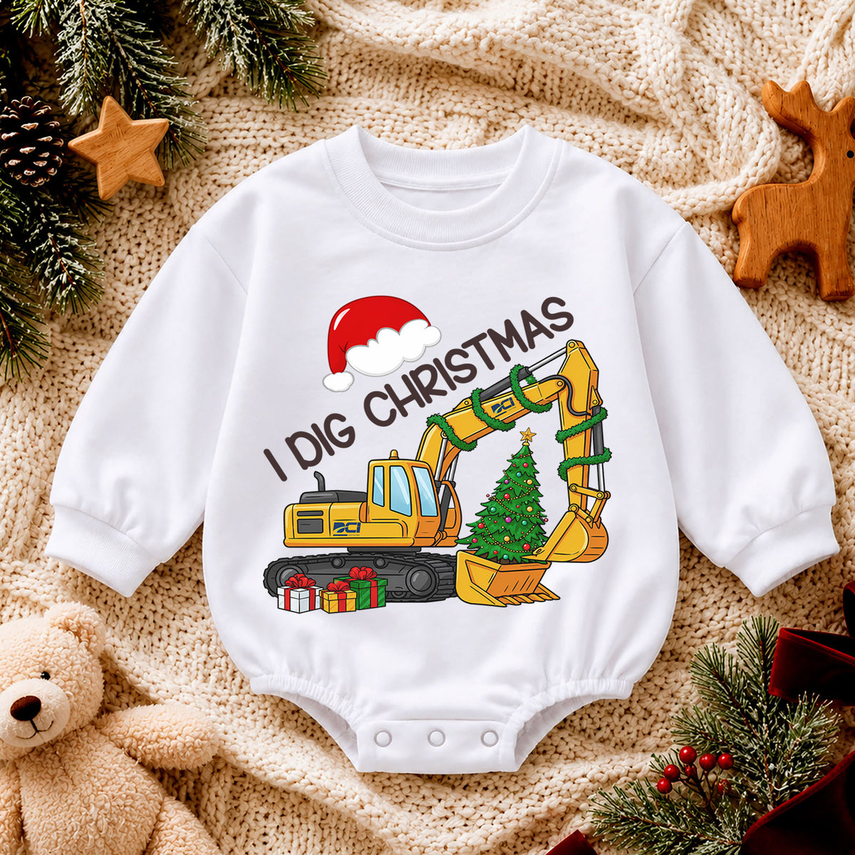 I Dig Christmas Excavator Baby Romper, Construction 1st Christmas Outfit, Truck 1st Birthday Romper, Holiday Gift for Boys — product view 4