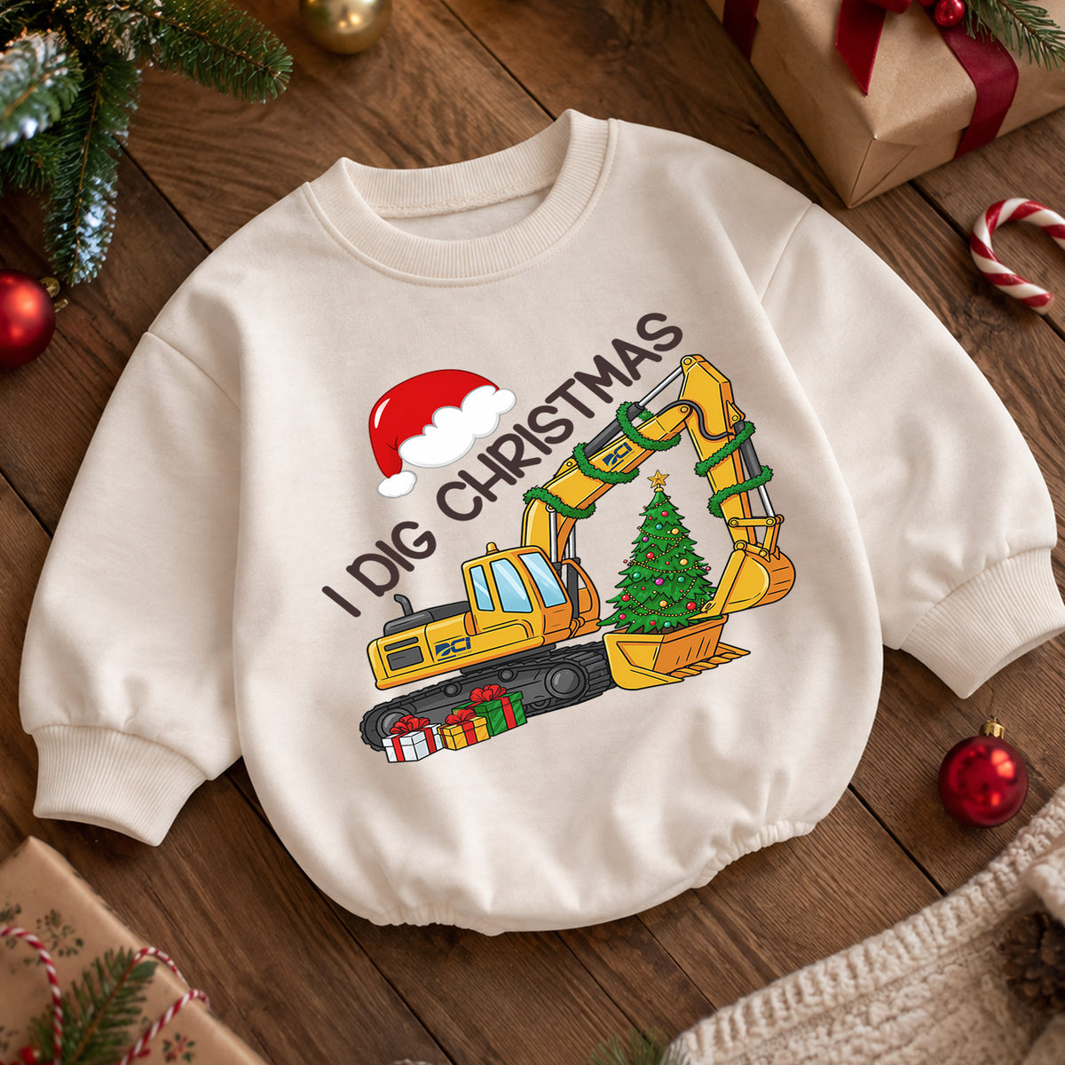 I Dig Christmas Excavator Baby Romper, Construction 1st Christmas Outfit, Truck 1st Birthday Romper, Holiday Gift for Boys — product view 5