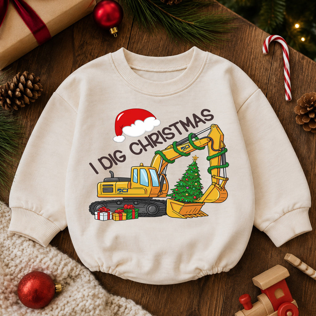 I Dig Christmas Excavator Baby Romper, Construction 1st Christmas Outfit, Truck 1st Birthday Romper, Holiday Gift for Boys — product view 6