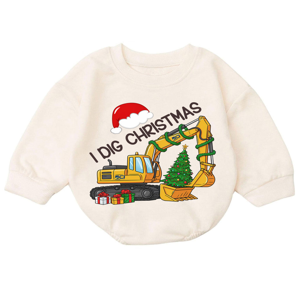 I Dig Christmas Excavator Baby Romper, Construction 1st Christmas Outfit, Truck 1st Birthday Romper, Holiday Gift for Boys — product view 7