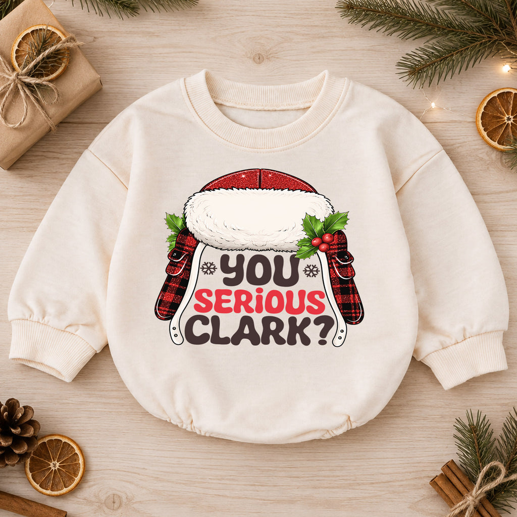 You Serious Clark Baby Romper, Funny Christmas Movie Outfit, Baby 1st Christmas Romper, Buffalo Plaid 1st Birthday Holiday Gift — product view 1