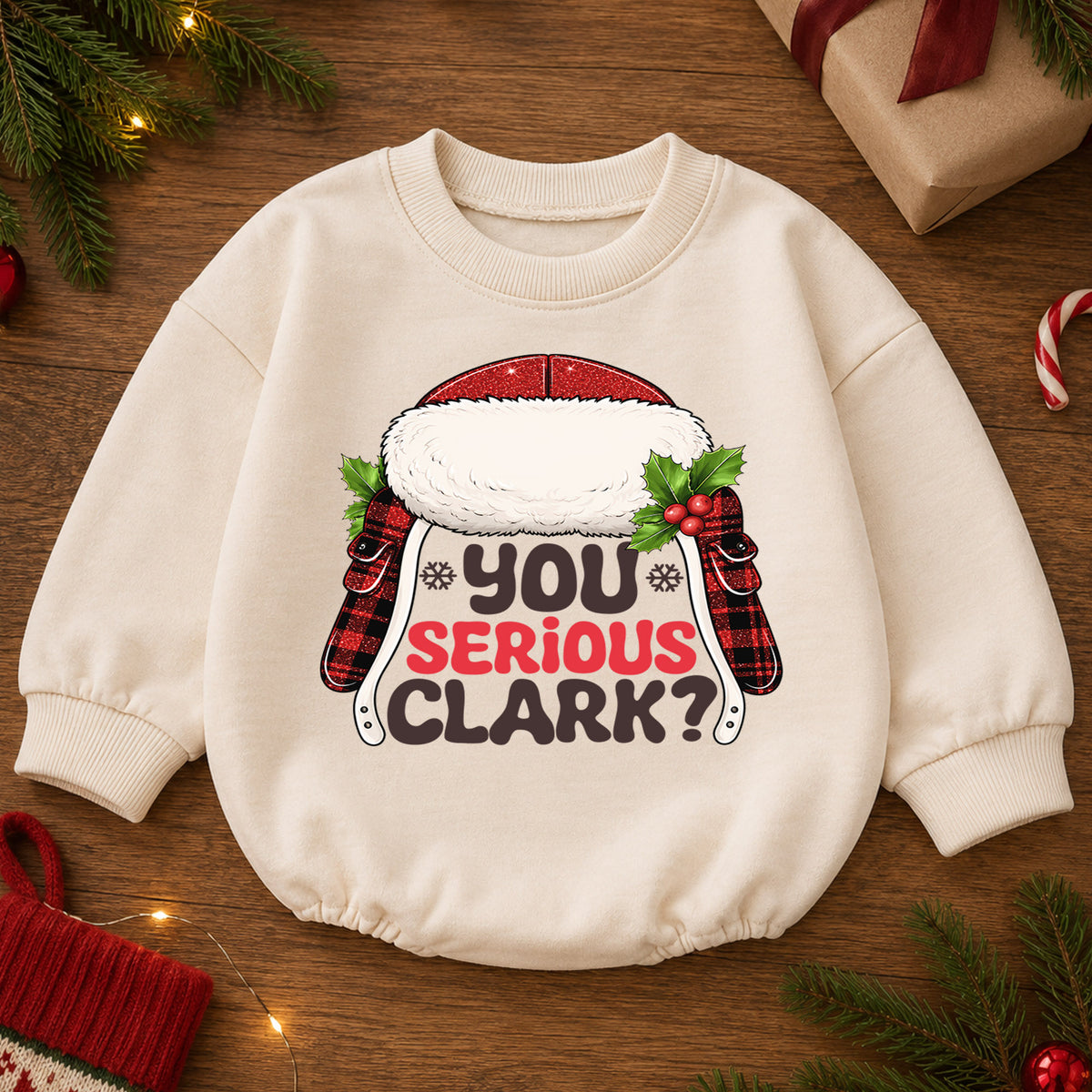 You Serious Clark Baby Romper, Funny Christmas Movie Outfit, Baby 1st Christmas Romper, Buffalo Plaid 1st Birthday Holiday Gift — product view 2