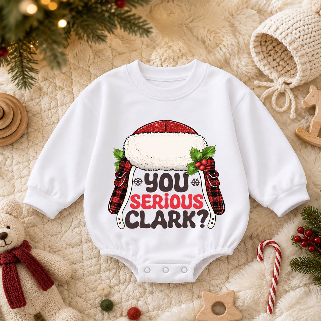 You Serious Clark Baby Romper, Funny Christmas Movie Outfit, Baby 1st Christmas Romper, Buffalo Plaid 1st Birthday Holiday Gift — product view 3