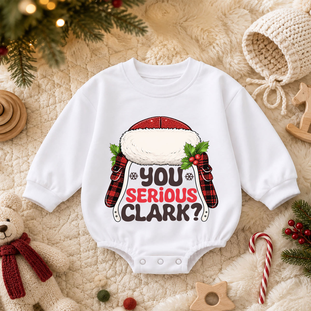 You Serious Clark Baby Romper, Funny Christmas Movie Outfit, Baby 1st Christmas Romper, Buffalo Plaid 1st Birthday Holiday Gift — product view 3
