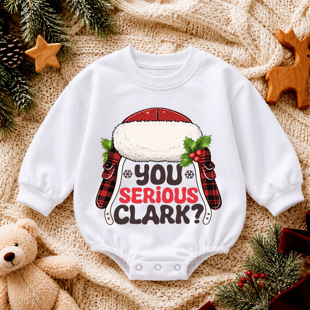 You Serious Clark Baby Romper, Funny Christmas Movie Outfit, Baby 1st Christmas Romper, Buffalo Plaid 1st Birthday Holiday Gift — product view 4