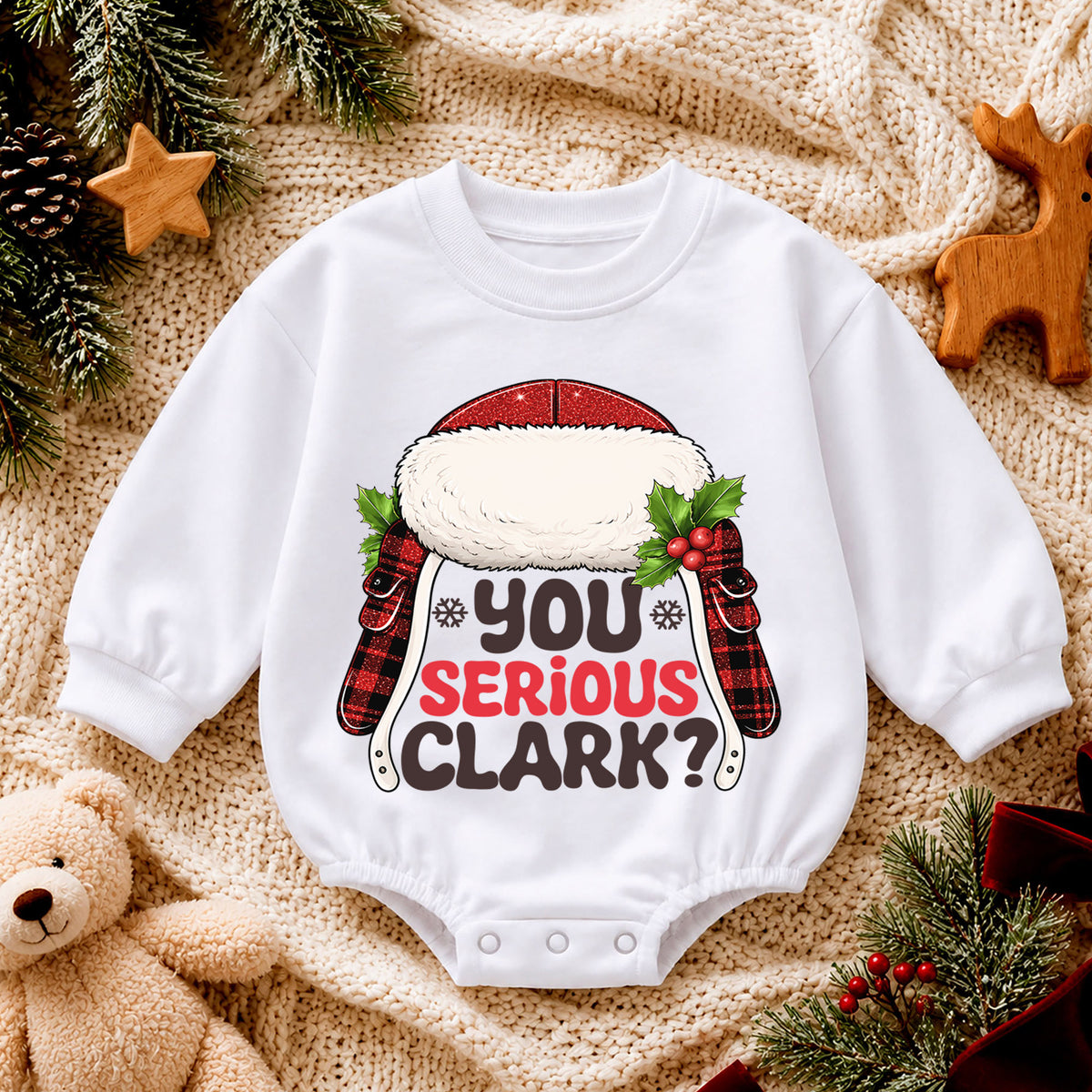 You Serious Clark Baby Romper, Funny Christmas Movie Outfit, Baby 1st Christmas Romper, Buffalo Plaid 1st Birthday Holiday Gift — product view 4