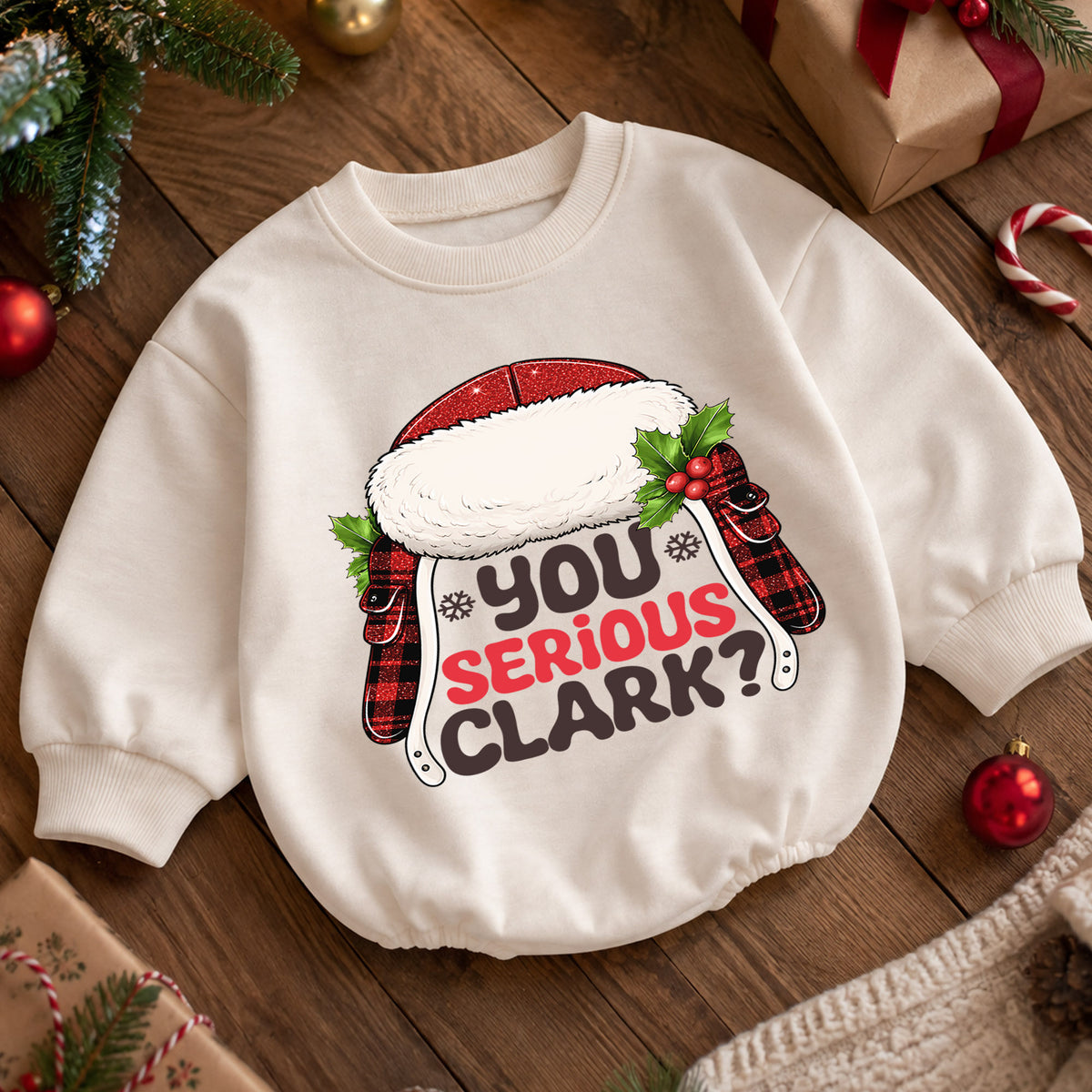 You Serious Clark Baby Romper, Funny Christmas Movie Outfit, Baby 1st Christmas Romper, Buffalo Plaid 1st Birthday Holiday Gift — product view 5