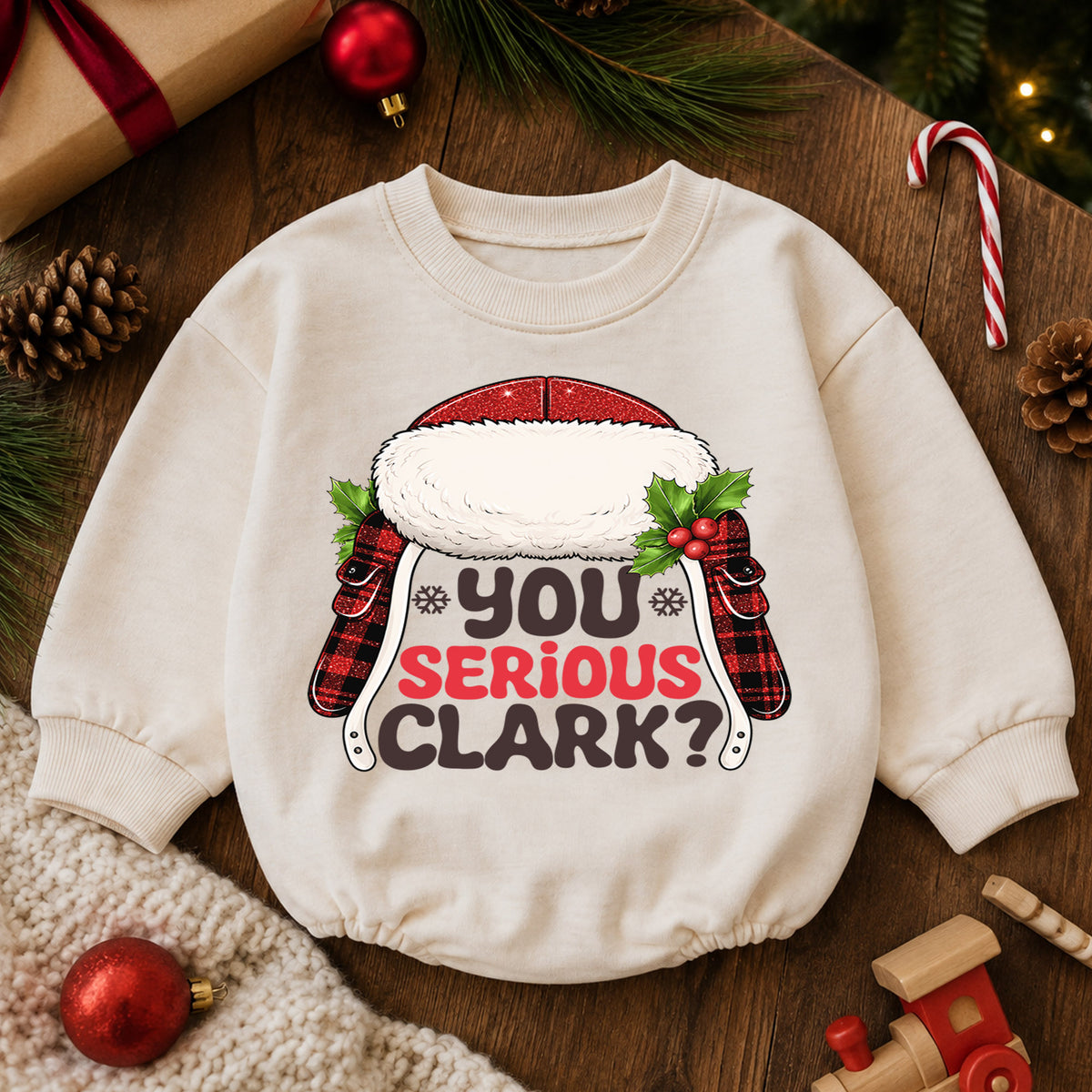 You Serious Clark Baby Romper, Funny Christmas Movie Outfit, Baby 1st Christmas Romper, Buffalo Plaid 1st Birthday Holiday Gift — product view 6