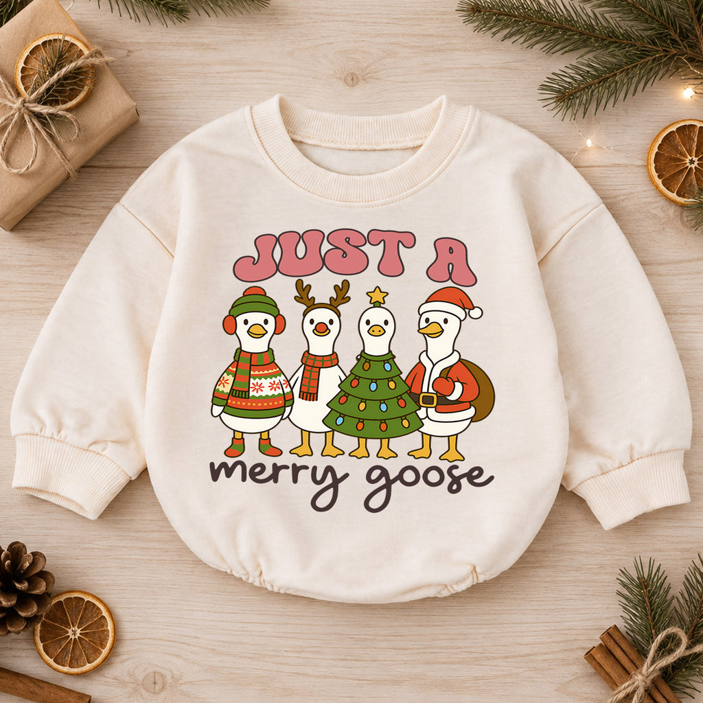 Just a Merry Goose Baby Romper, Christmas Goose 1st Birthday Outfit, Baby 1st Christmas Romper, Funny Farm Holiday Gift — product view 1