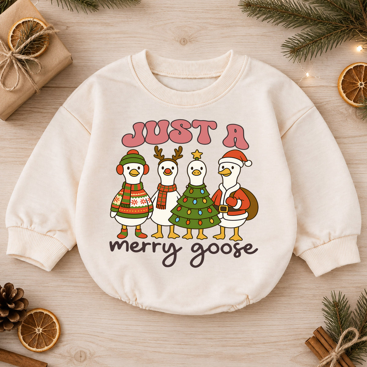 Just a Merry Goose Baby Romper, Christmas Goose 1st Birthday Outfit, Baby 1st Christmas Romper, Funny Farm Holiday Gift — product view 1