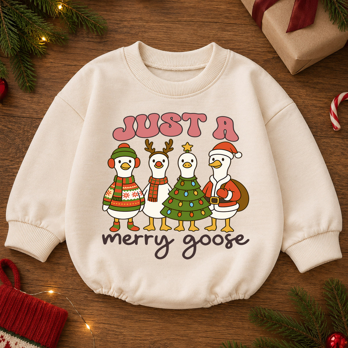 Just a Merry Goose Baby Romper, Christmas Goose 1st Birthday Outfit, Baby 1st Christmas Romper, Funny Farm Holiday Gift — product view 2