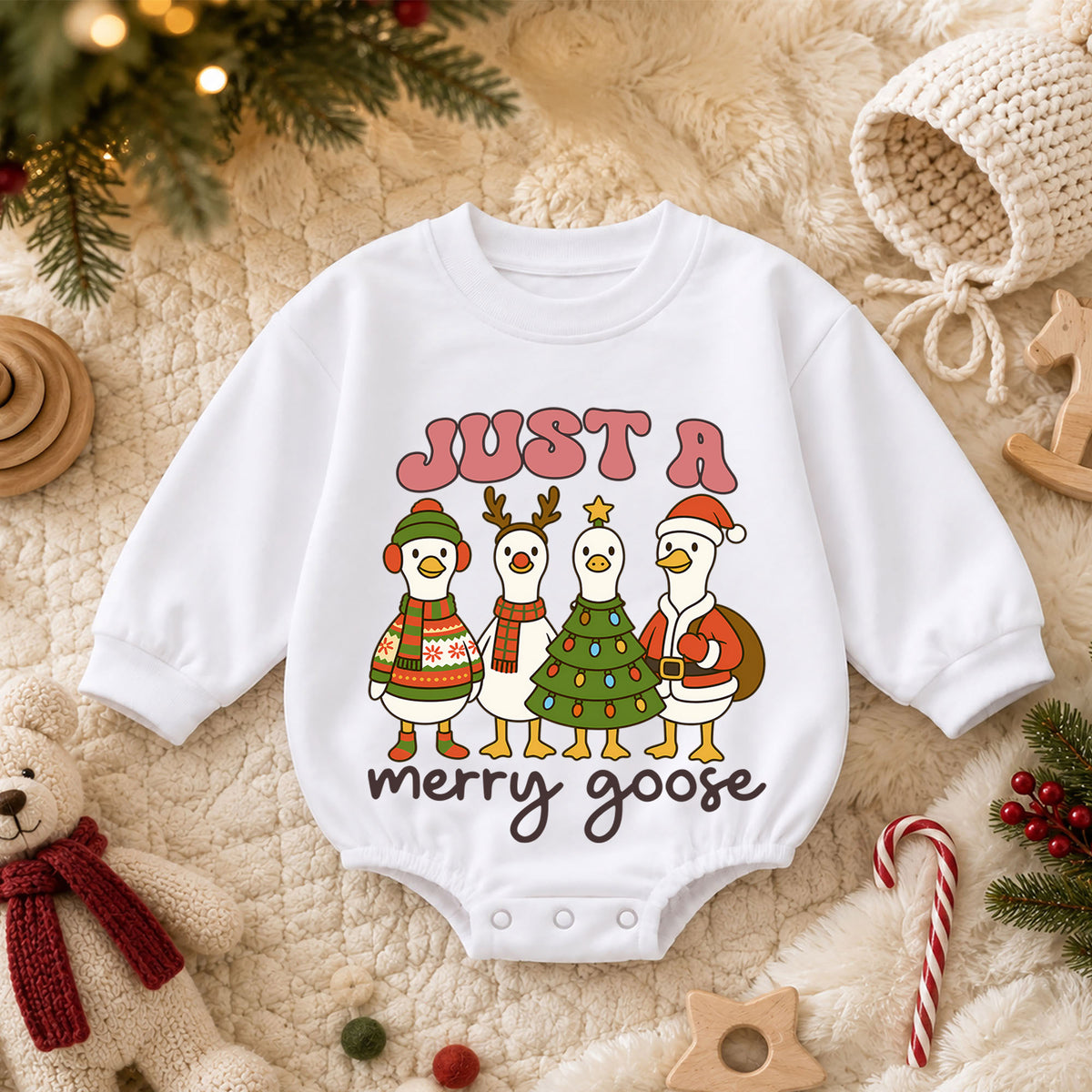 Just a Merry Goose Baby Romper, Christmas Goose 1st Birthday Outfit, Baby 1st Christmas Romper, Funny Farm Holiday Gift — product view 3